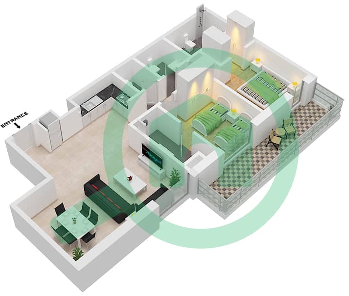 Аль Раха Лофтс - Апартамент 2 Cпальни планировка Тип 2B-9 interactive3D