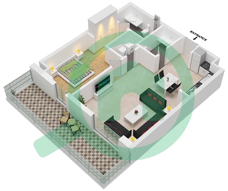 المخططات الطابقية لتصميم النموذج 1B-3 شقة 1 غرفة نوم - الراحة لوفتس interactive3D