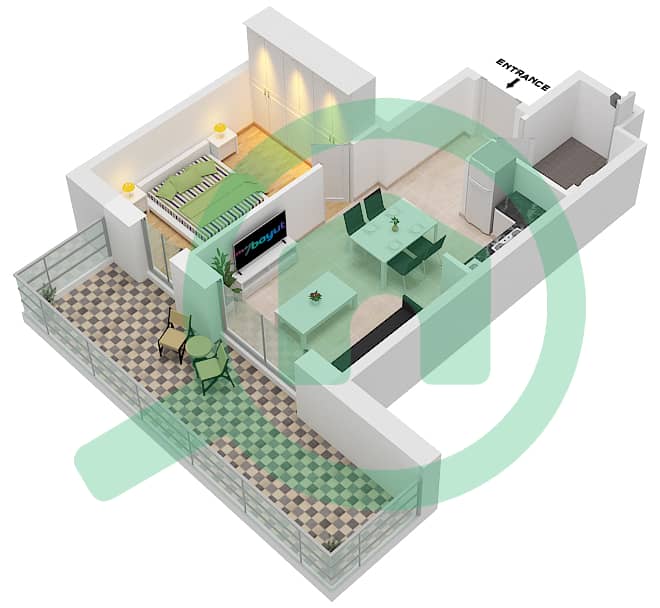 المخططات الطابقية لتصميم النموذج 1B-12 شقة 1 غرفة نوم - الراحة لوفتس interactive3D
