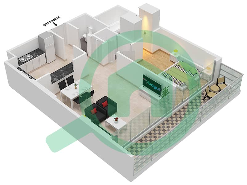 المخططات الطابقية لتصميم النموذج C شقة 1 غرفة نوم - شقق مسك interactive3D