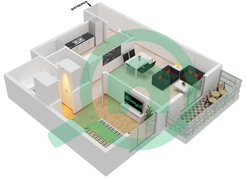 المخططات الطابقية لتصميم النموذج D شقة 1 غرفة نوم - شقق مسك interactive3D