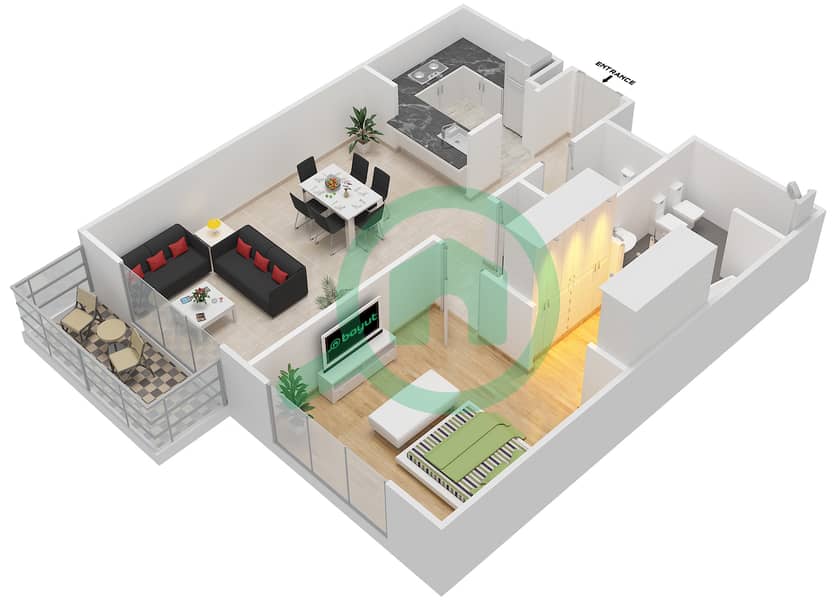 Hartland Greens - 1 Bedroom Apartment Type B Floor plan Floor 1-6 interactive3D