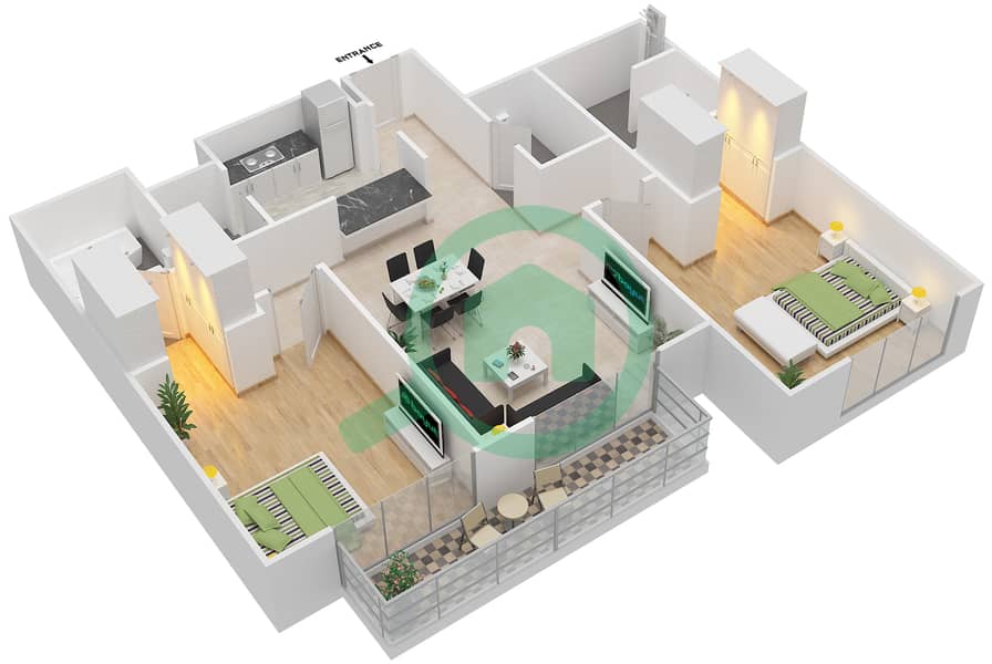 哈特兰绿意公寓 - 2 卧室公寓单位11-88戶型图 Floor 1-6 interactive3D