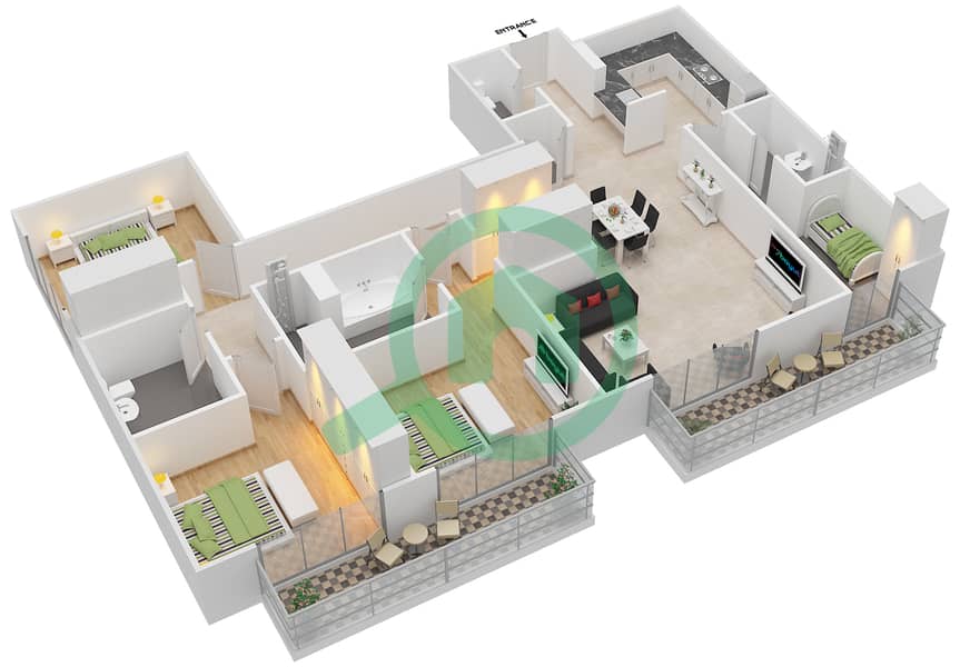 المخططات الطابقية لتصميم الوحدة 3006,2113,2125,2134 شقة 3 غرف نوم - هارتلاند غرينز Ground Floor 1-8 interactive3D