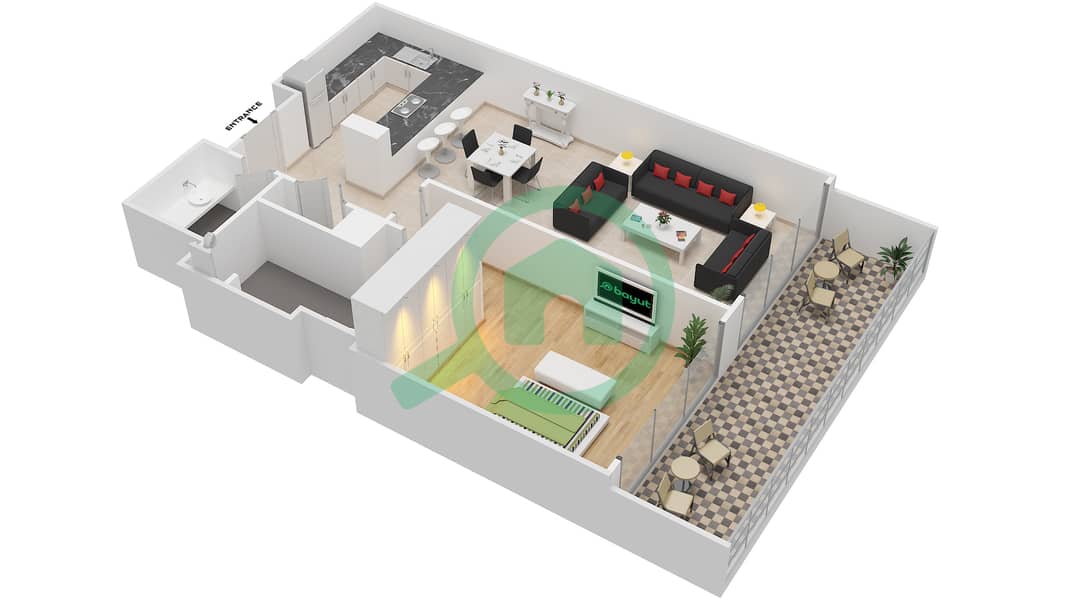 المخططات الطابقية لتصميم الوحدة 4001,4002,4004,4005 شقة 1 غرفة نوم - هارتلاند غرينز Ground Floor 1-6 interactive3D