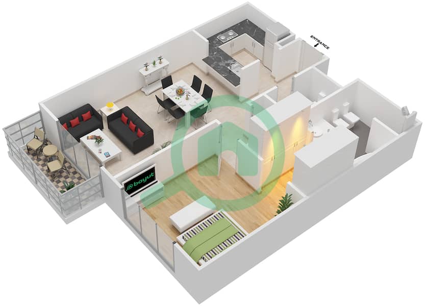 المخططات الطابقية لتصميم الوحدة 1102,1202,1302,1402 شقة 1 غرفة نوم - هارتلاند غرينز Floor 1-6 interactive3D