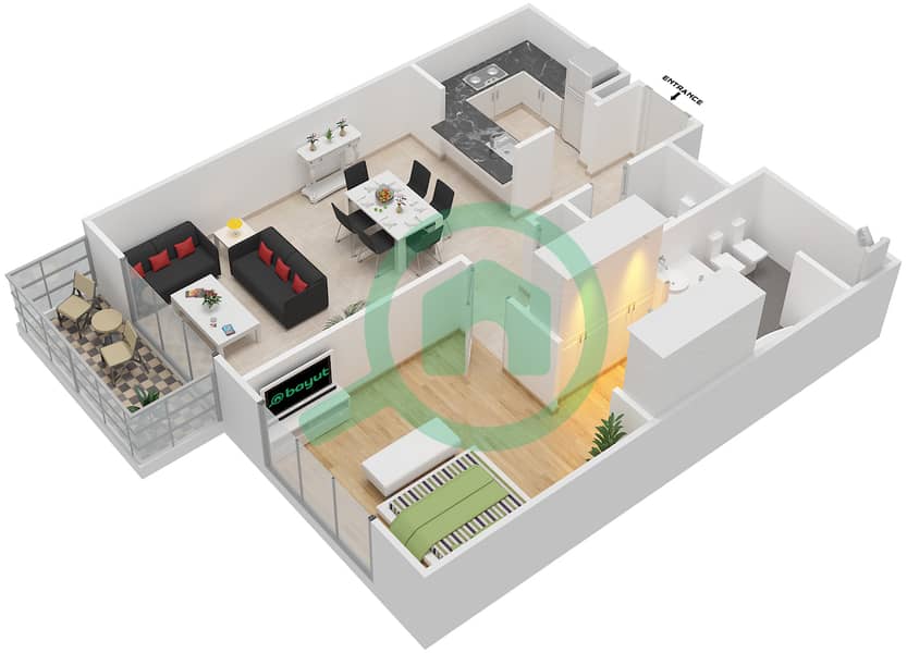 哈特兰绿意公寓 - 1 卧室公寓单位1102,1202,1302,1402戶型图 Floor 1-6 interactive3D