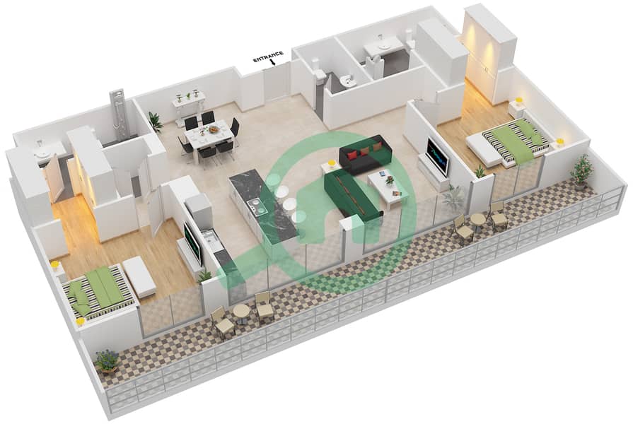 المخططات الطابقية لتصميم الوحدة 4008,4010,4112,4201 شقة 2 غرفة نوم - هارتلاند غرينز Ground Floor 1-6 interactive3D