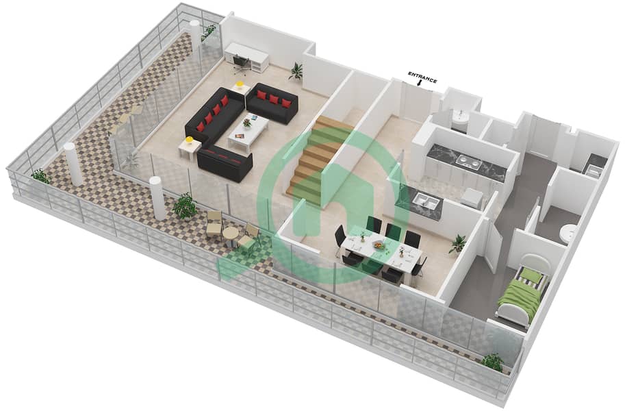 المخططات الطابقية لتصميم الوحدة 2714,2715,3702,3703 شقة 2 غرفة نوم - هارتلاند غرينز Lower Floor 7 interactive3D
