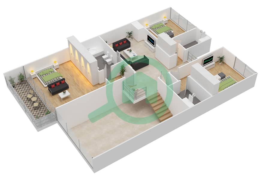المخططات الطابقية لتصميم النموذج OPTION A - MIDDLE UNIT تاون هاوس 4 غرف نوم - جواهر السعديات interactive3D