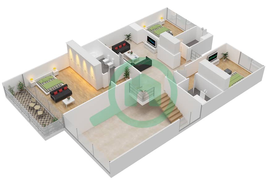 المخططات الطابقية لتصميم النموذج U-1 تاون هاوس 4 غرف نوم - جواهر السعديات interactive3D