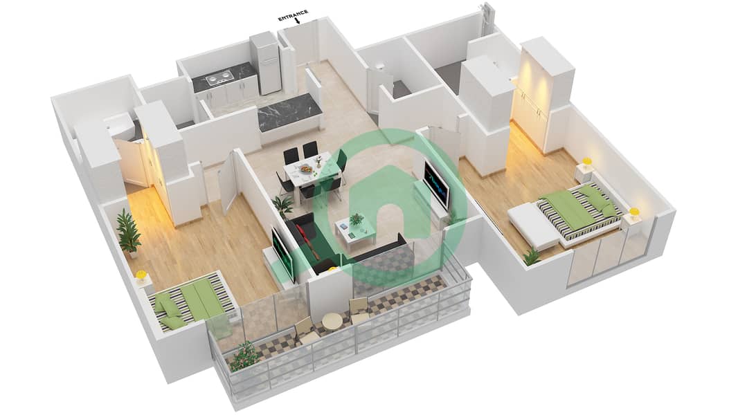 哈特兰绿意公寓 - 2 卧室公寓单位1109,1110,1210,1211戶型图 Floor 1-6 interactive3D