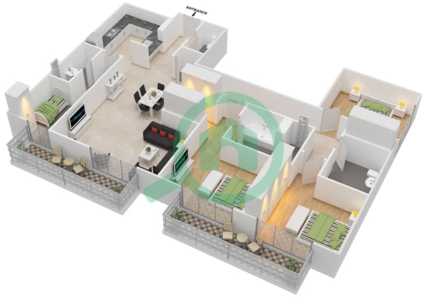 Hartland Greens - 3 Bedroom Apartment Unit 1101,1201,1301,1401 Floor plan Floor 1-6 interactive3D