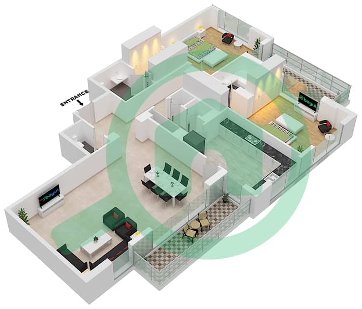 المخططات الطابقية لتصميم النموذج A-FLOOR 1-8 شقة 2 غرفة نوم - منازل القرهود interactive3D