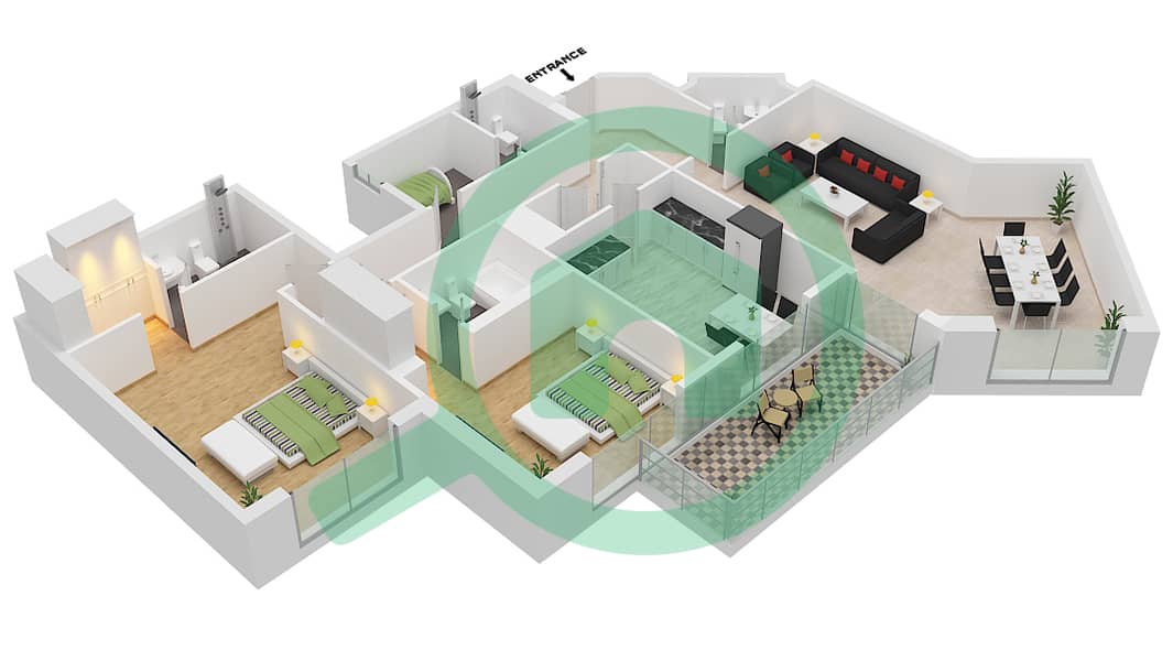 المخططات الطابقية لتصميم النموذج B-FLOOR 1-8 شقة 2 غرفة نوم - منازل القرهود interactive3D