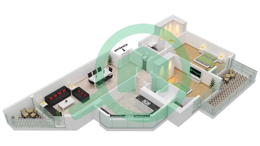 المخططات الطابقية لتصميم النموذج C-FLOOR 1-8 شقة 2 غرفة نوم - منازل القرهود interactive3D