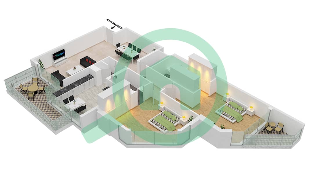 المخططات الطابقية لتصميم النموذج E-FLOOR 1-8 شقة 2 غرفة نوم - منازل القرهود interactive3D