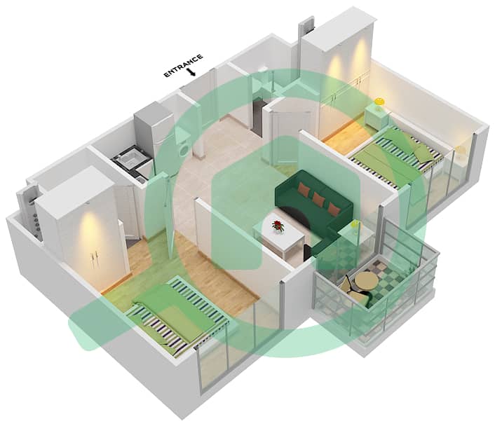 公园大道一期 - 2 卧室公寓类型1戶型图 interactive3D