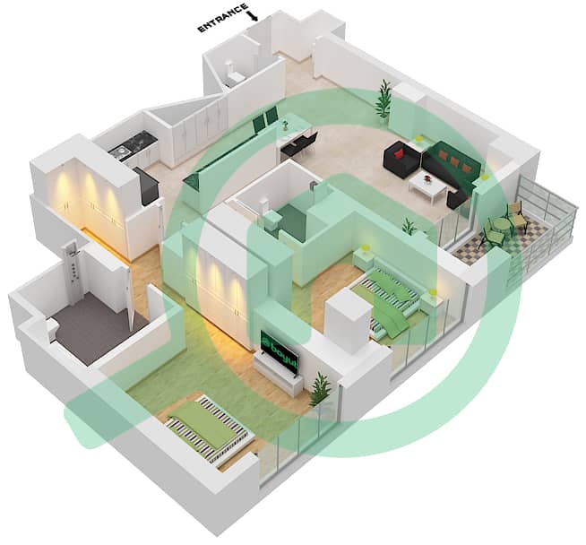 المخططات الطابقية لتصميم الوحدة UNIT 3 FLOOR 11 شقة 2 غرفة نوم - فيدا ريزيدنس داون تاون interactive3D