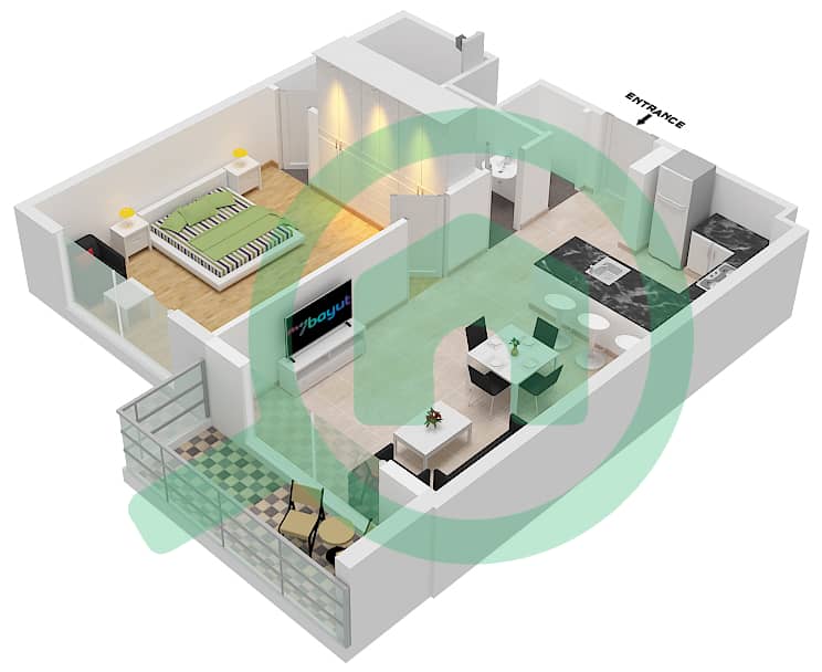 Joya Blanca Residences - 1 Bedroom Apartment Unit 202 Floor plan interactive3D