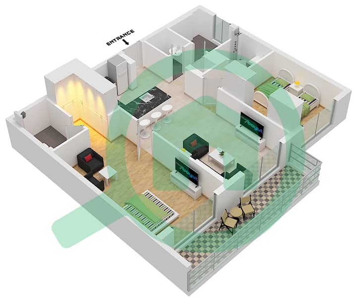 المخططات الطابقية لتصميم الوحدة 230 شقة 2 غرفة نوم - جوي بلانكا ريزيدنس interactive3D