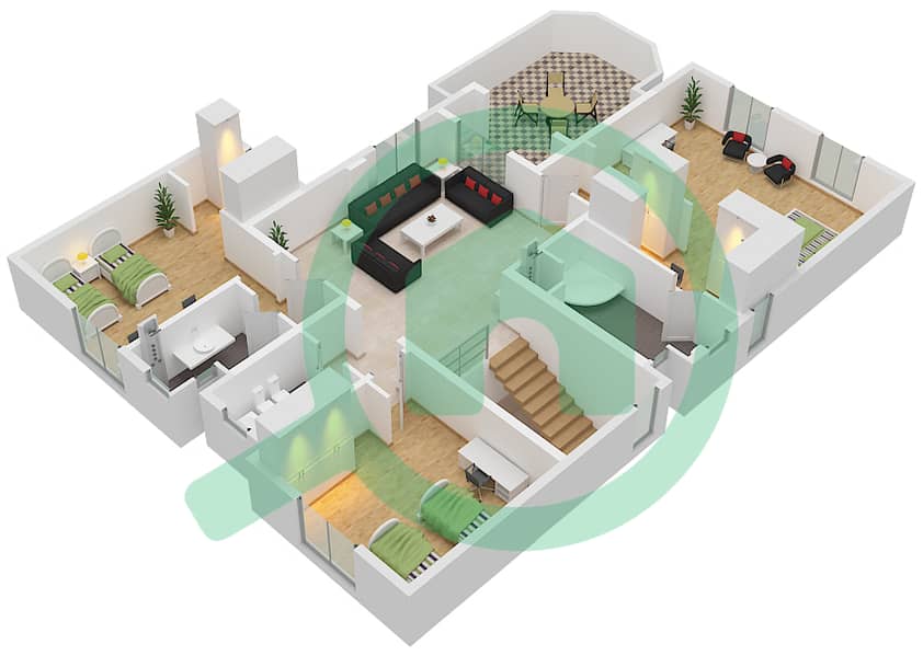 المخططات الطابقية لتصميم النموذج A فیلا 3 غرف نوم - جرين كوميونيتي الشرق First Floor interactive3D