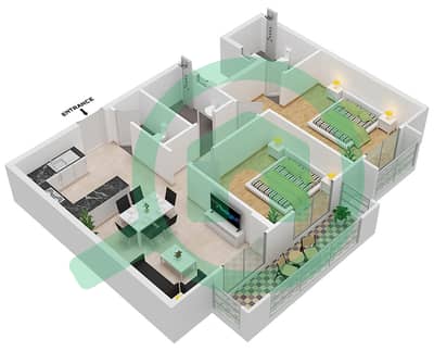 المخططات الطابقية لتصميم الوحدة 8 شقة 2 غرفة نوم - لوديسيا