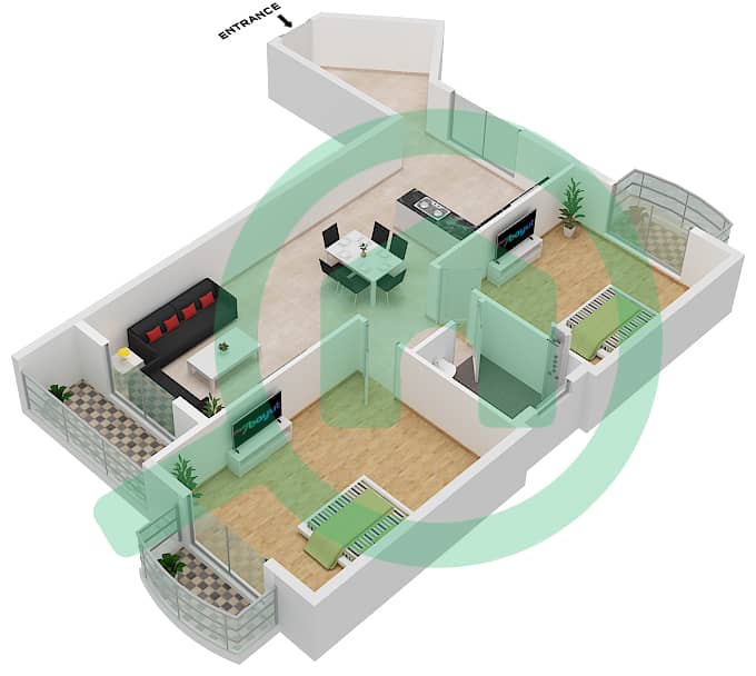 المخططات الطابقية لتصميم الوحدة 5 شقة 2 غرفة نوم - لوديسيا interactive3D