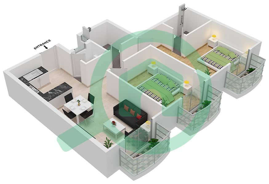 المخططات الطابقية لتصميم الوحدة 6 شقة 2 غرفة نوم - لوديسيا interactive3D