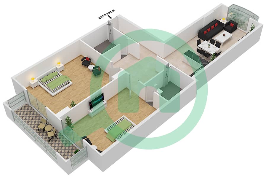 血叶兰别墅区 - 2 卧室公寓单位7戶型图 interactive3D