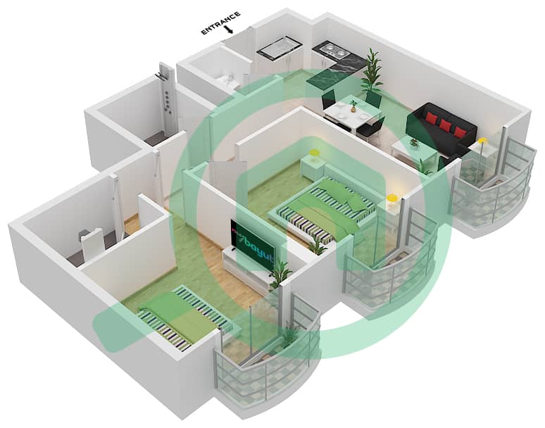 المخططات الطابقية لتصميم الوحدة 11 شقة 2 غرفة نوم - لوديسيا interactive3D