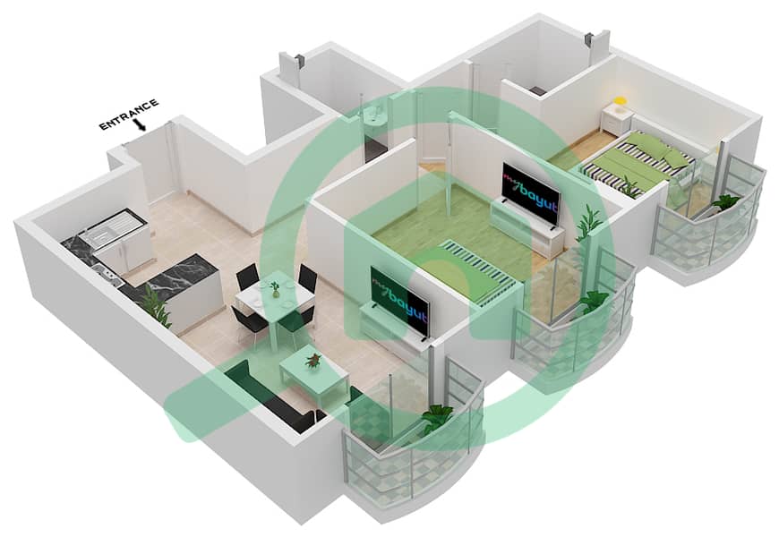 المخططات الطابقية لتصميم الوحدة 12 شقة 2 غرفة نوم - لوديسيا interactive3D