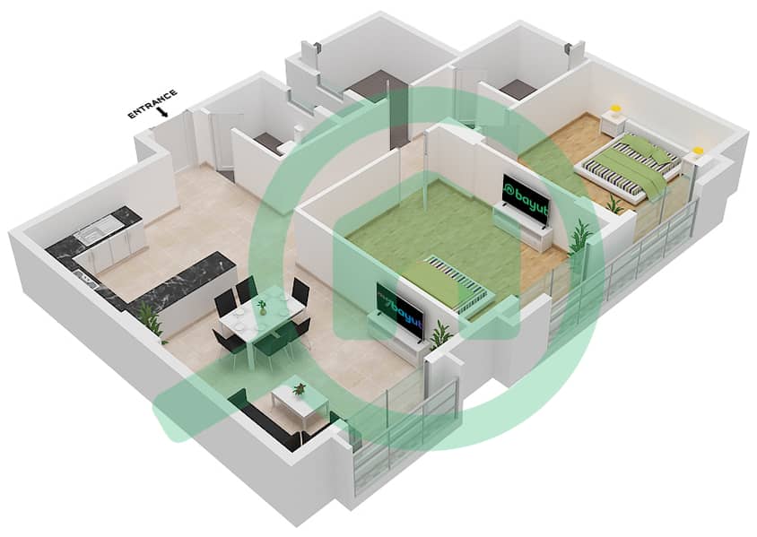المخططات الطابقية لتصميم الوحدة 2 شقة 2 غرفة نوم - لوديسيا interactive3D