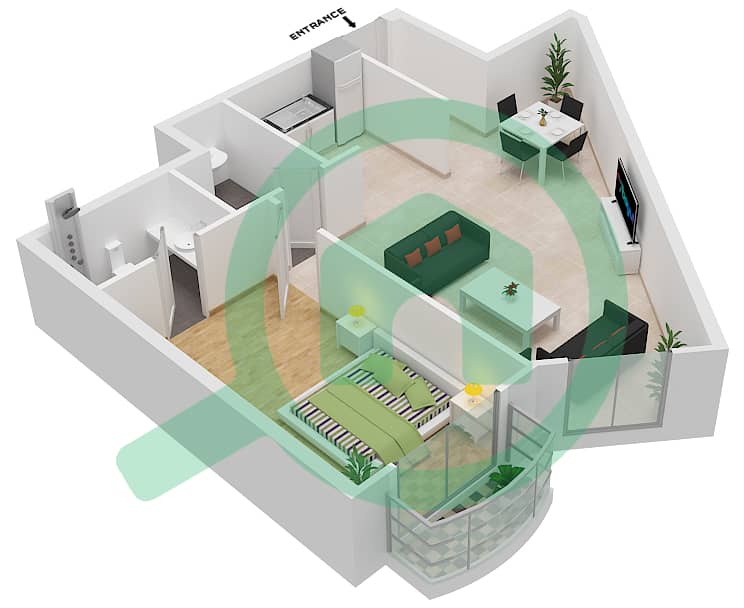 المخططات الطابقية لتصميم الوحدة 21 شقة 1 غرفة نوم - لوديسيا interactive3D
