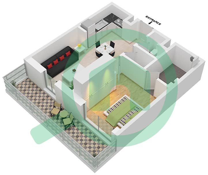 Аль Раха Лофтс - Апартамент 1 Спальня планировка Тип 1B-20 interactive3D