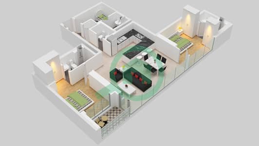 المخططات الطابقية لتصميم النموذج C FLOOR 1-5, 7-32, 33-46 شقة 2 غرفة نوم - برج ذا كريست A