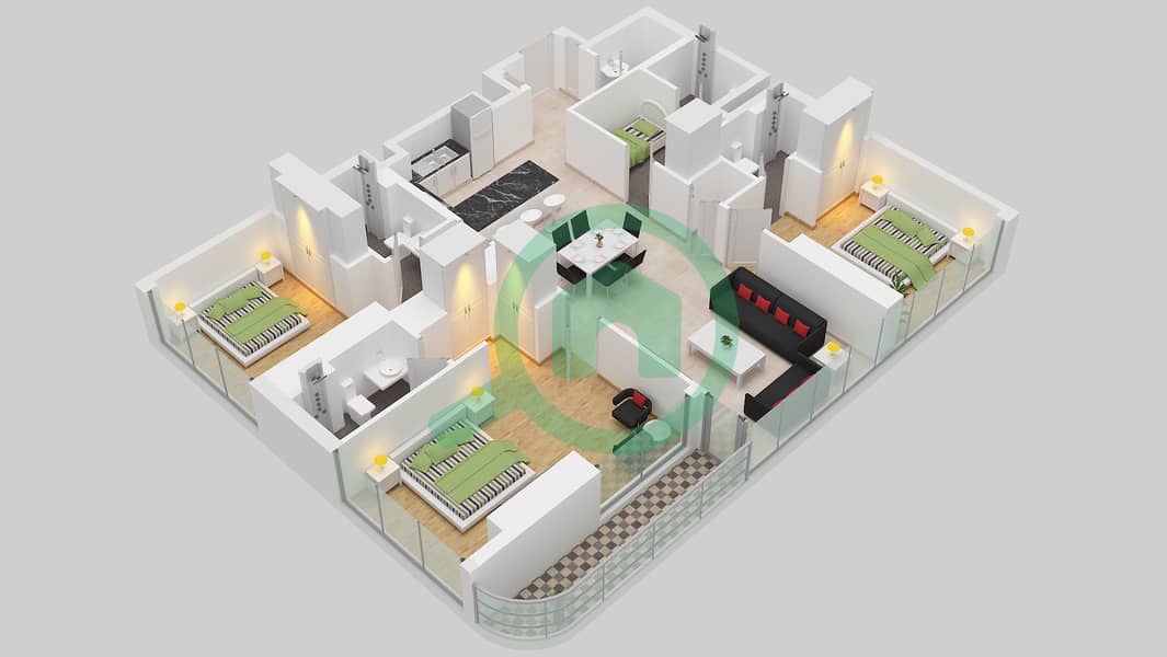 The Crest Tower A - 3 Bedroom Apartment Type B FLOOR 1-5, 7-28, 33-46 Floor plan interactive3D