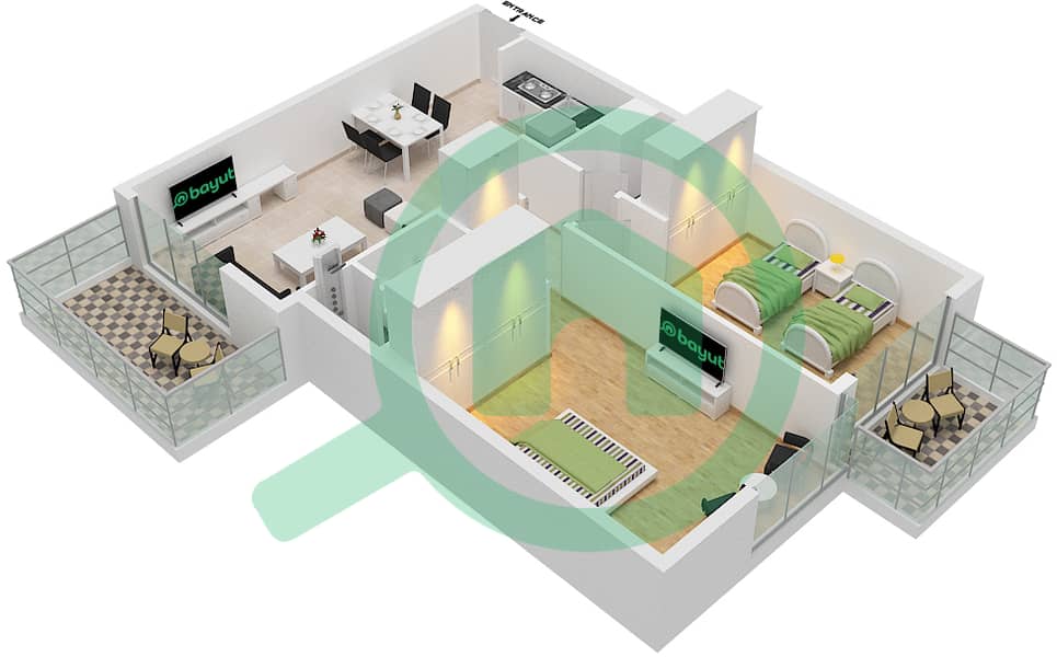 المخططات الطابقية لتصميم النموذج B شقة 2 غرفة نوم - ماج 318 interactive3D