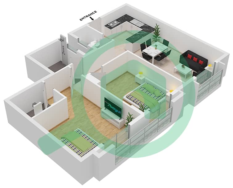 المخططات الطابقية لتصميم الوحدة 3 شقة 2 غرفة نوم - لوديسيا interactive3D