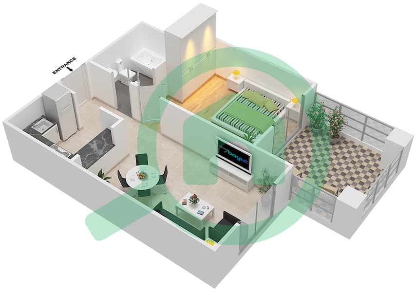 卡斯尔萨巴赫3号楼 - 1 卧室公寓单位1戶型图 interactive3D