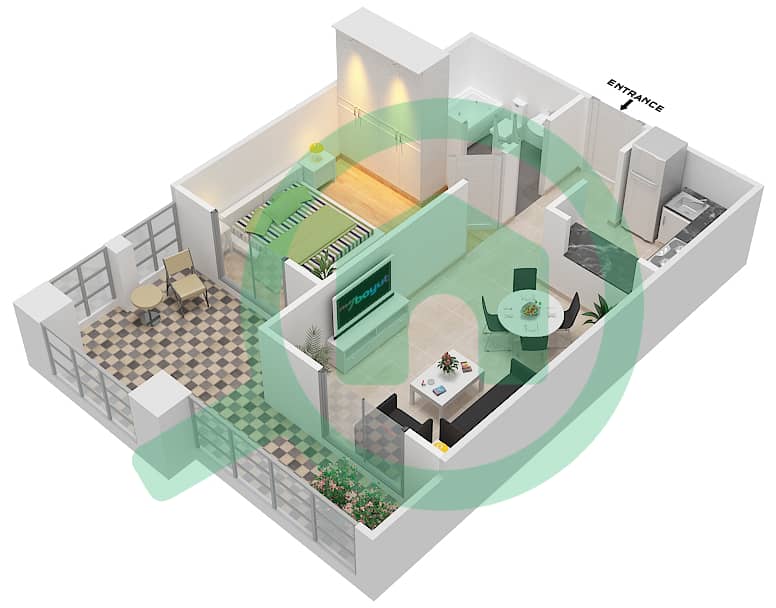 المخططات الطابقية لتصميم الوحدة 2 شقة 1 غرفة نوم - قصر صباح 3 interactive3D