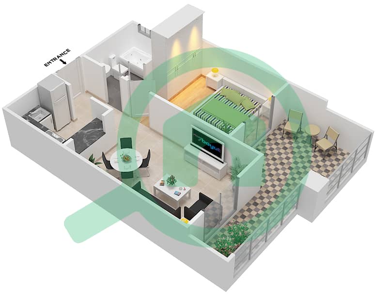 المخططات الطابقية لتصميم الوحدة 6 شقة 1 غرفة نوم - قصر صباح 3 interactive3D