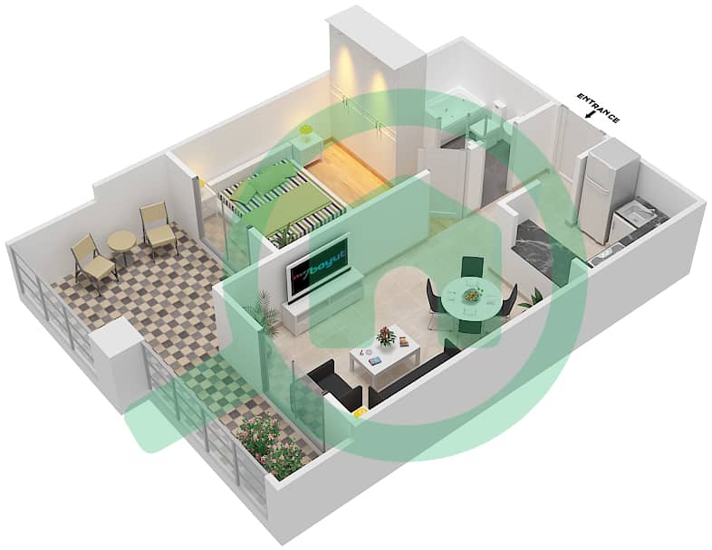 المخططات الطابقية لتصميم الوحدة 9 شقة 1 غرفة نوم - قصر صباح 3 interactive3D