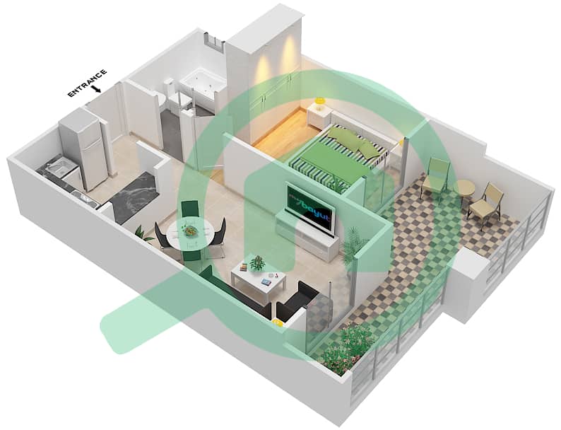 المخططات الطابقية لتصميم الوحدة 10 شقة 1 غرفة نوم - قصر صباح 3 interactive3D