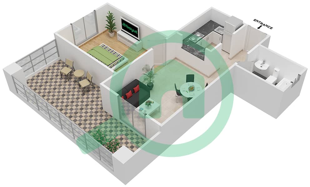 卡斯尔萨巴赫3号楼 - 1 卧室公寓单位13戶型图 interactive3D