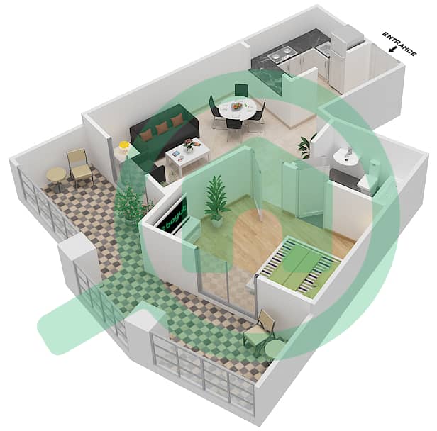 المخططات الطابقية لتصميم الوحدة 15 شقة 1 غرفة نوم - قصر صباح 3 interactive3D