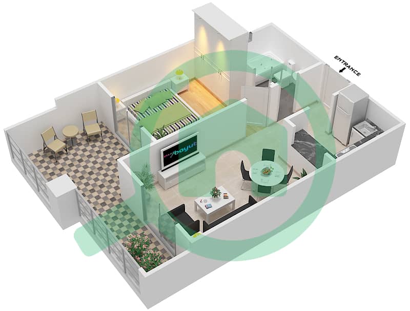 المخططات الطابقية لتصميم الوحدة 16 شقة 1 غرفة نوم - قصر صباح 3 interactive3D