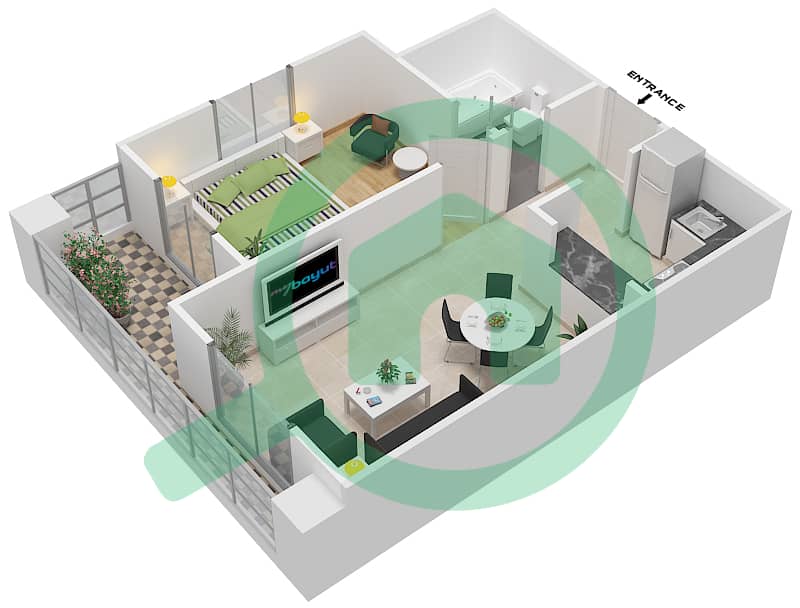 المخططات الطابقية لتصميم الوحدة 18 شقة 1 غرفة نوم - قصر صباح 3 interactive3D