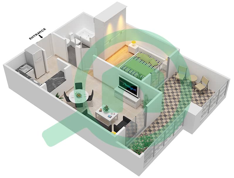 المخططات الطابقية لتصميم الوحدة 22 شقة 1 غرفة نوم - قصر صباح 3 interactive3D