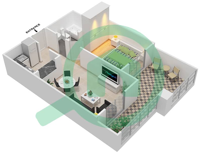 Каср Сабах 3 - Апартамент 1 Спальня планировка Единица измерения 24 interactive3D
